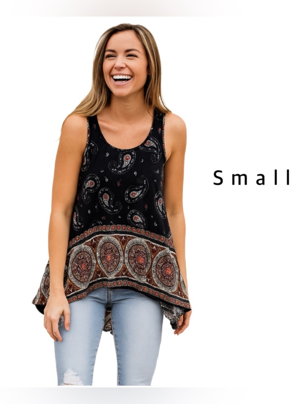 Coco + Carmen Black Paisley Hi Low Tank Top Size Small 100% Viscose